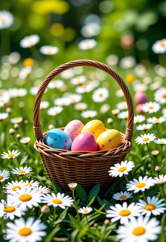 minimalistic flat-style easter basket with painted eggs in daisies field, soft sunlight, serene outdoor setting, focused vaporwave composition with copy space minimalistic flat-style easter basket with painted eggs in daisies field, soft sunlight, serene outdoor setting, focused vaporwave composition with copy space
