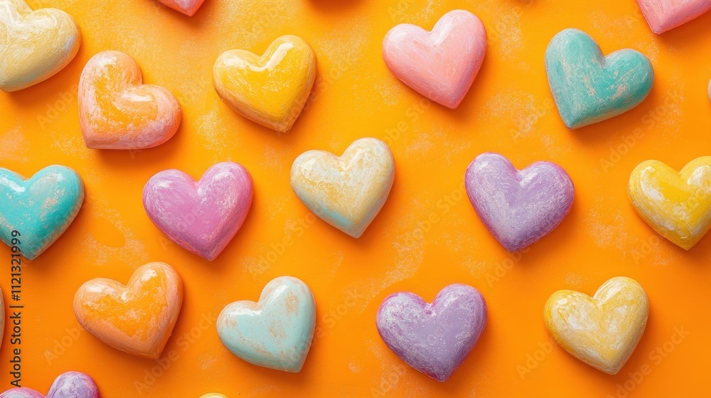 Obraz premium A mix of pastel and vivid hearts set against a lively orange background, creating a cheerful and loving atmosphere
