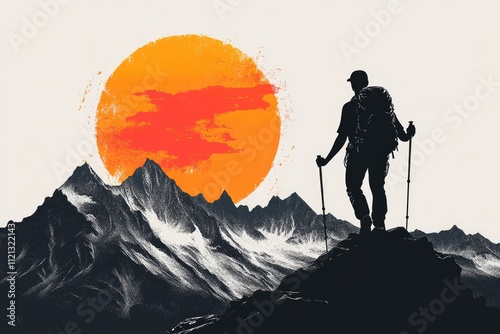 Hiker conquering mountain peak at sunset: achieving goals and reaching new heights