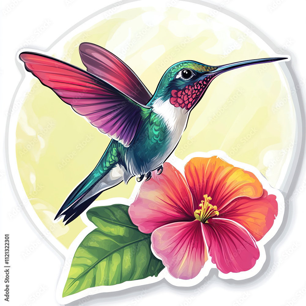 Obraz premium Vibrant hummingbird hovering near a hibiscus flower.