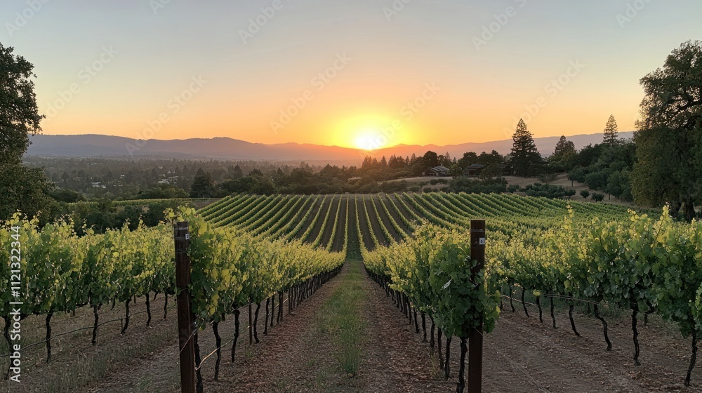 Fototapeta premium Sunset over Sonoma Valley Vineyard: Golden Hour in Wine Country