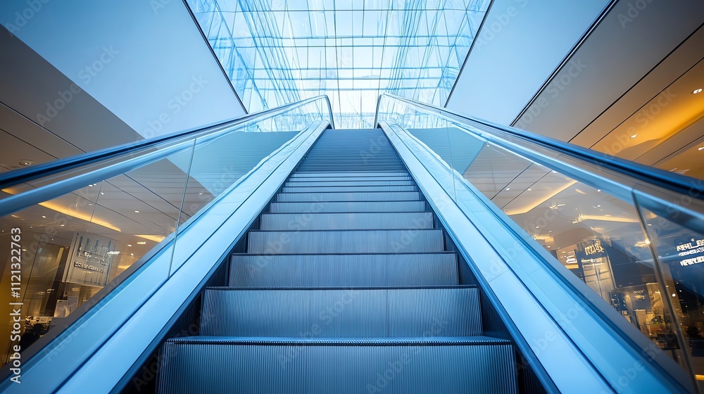 Fototapeta premium A view looking up two escalators in a modern shopping mall.