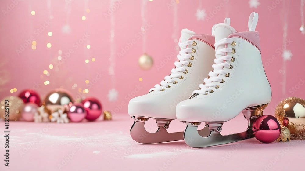 Fototapeta premium Ice skates with Christmas balls on pink background