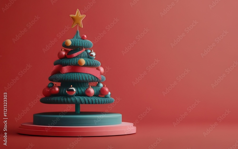 Festive teal Christmas tree with ornaments on red background. Festive teal Christmas tree with ornaments on red background.