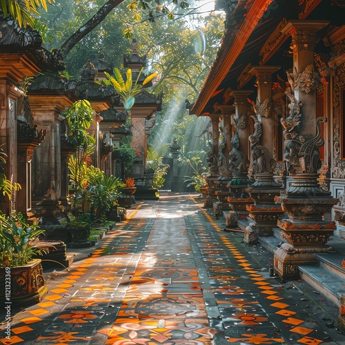 Sunlit pathway in a Balinese temple with stone statues and lush greenery.