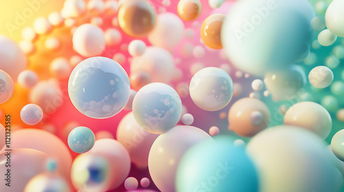 Many soft pink, blue, and white spheres float in a light background.