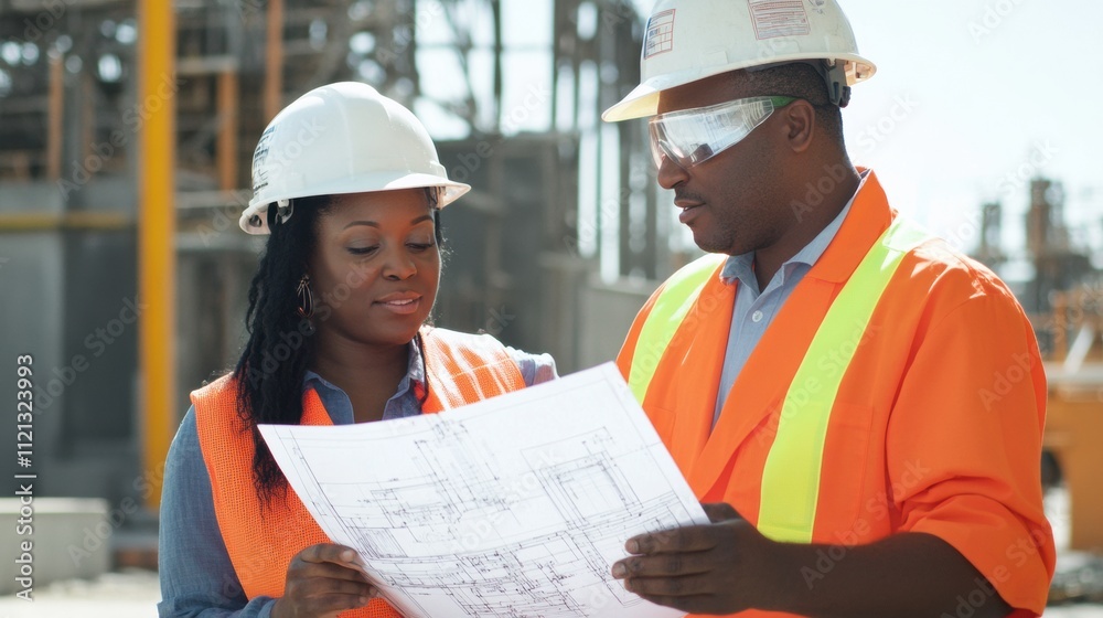 Engineers discussing a blueprint together, reviewing details of a technical project Engineers discussing a blueprint together, reviewing details of a technical project