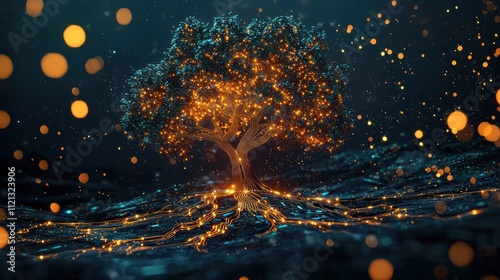 Illuminated tree of life digital forest 3d render enchanted atmosphere abstract concept art