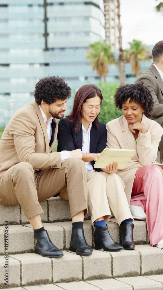 Business people having meeting using tablet outdoors Business people having meeting using tablet outdoors