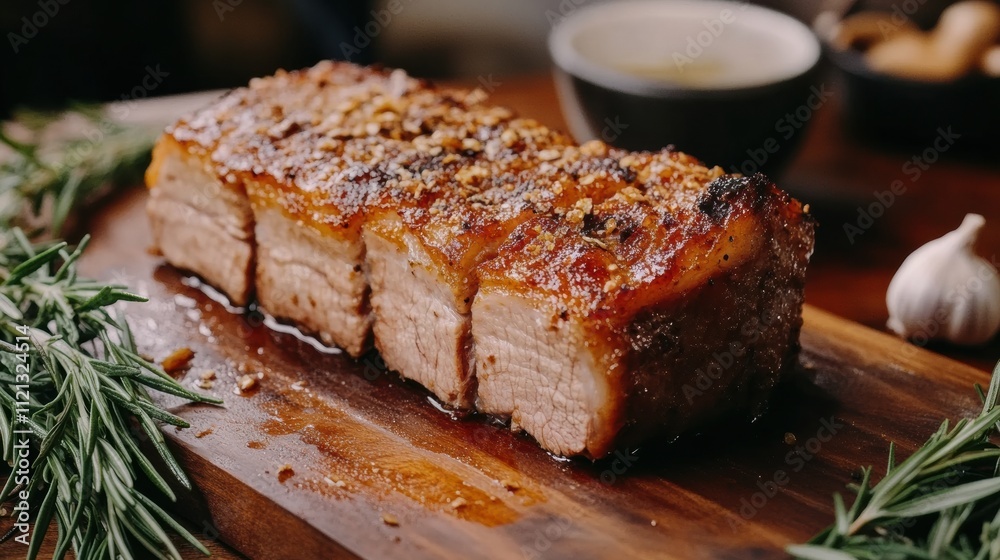 Golden-brown roast pork with crispy crackling, served on a wooden cutting board with rosemary and garlic