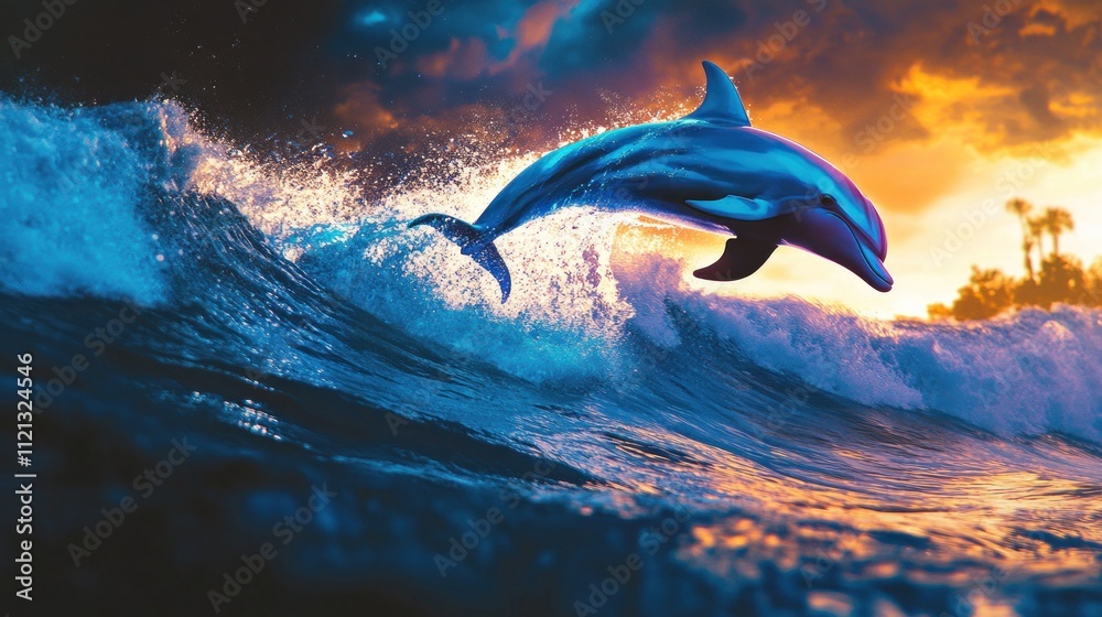 Fototapeta premium Dolphin Leaping Over Sunset Wave: An Ocean Paradise