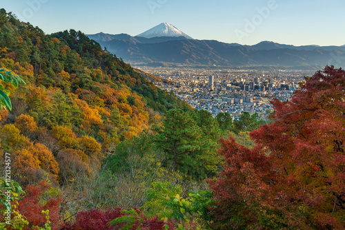 甲府市和田山紅葉かいどうから紅葉と甲府市ビル群と富士山 photo