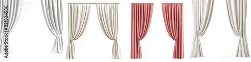 Elegant curtains in various colors and styles for stage settings, isolated on transparent background.