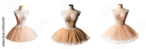 Elegant ballet dresses with intricate lace details and tulle skirts, isolated on transparent background.