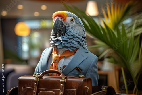 Parrot perched on a briefcase, wearing a small tie, vibrant co-working space background photo