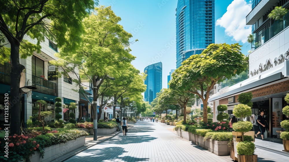 Sunny city street lined with trees, shops, and pedestrians. Sunny city street lined with trees, shops, and pedestrians.