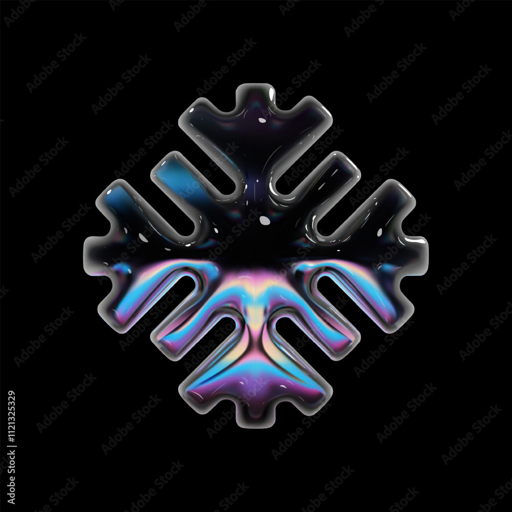 Obraz premium 3d glass snowflake with holographic gradient surface, shiny highlights, reflective details, and iridescent rainbow effects. Isolated vector for Christmas, New Year, holiday, festive seasonal design