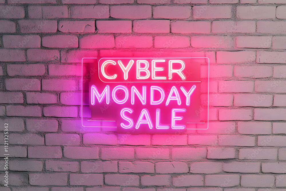 Obraz premium Neon Lettering ‘CYBER MONDAY SALE’ on Neon Brick Background - Vibrant and Eye-Catching Design for Online Shopping Promotions