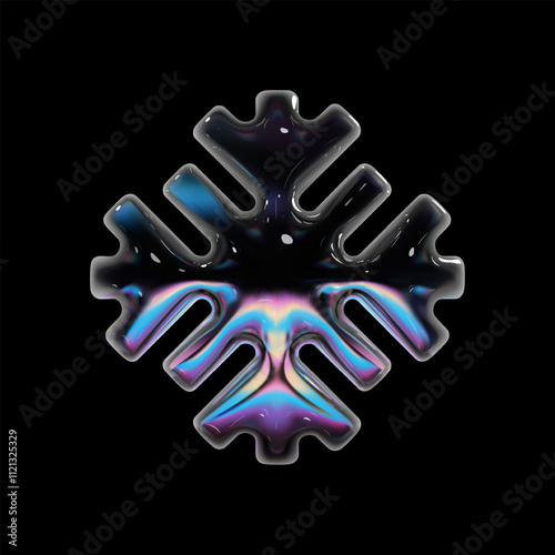 3d glass snowflake with holographic gradient surface, shiny highlights, reflective details, and iridescent rainbow effects. Isolated vector for Christmas, New Year, holiday, festive seasonal design
