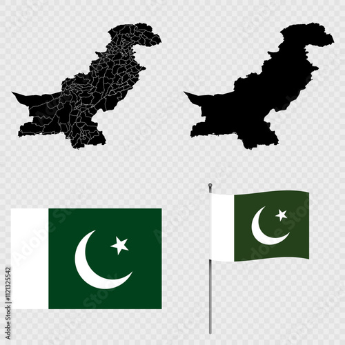 Set of maps, flag and flagpole of Pakistan. Vector illustration.