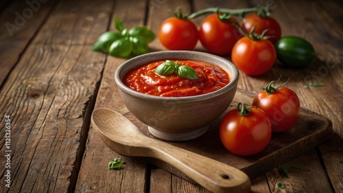 Bowl of fresh tomato sauce on wooden background, close up