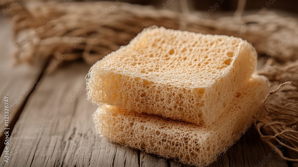 Natural loofah sponge with a coarse texture lying on a wooden spa table Natural loofah sponge with a coarse texture lying on a wooden spa table