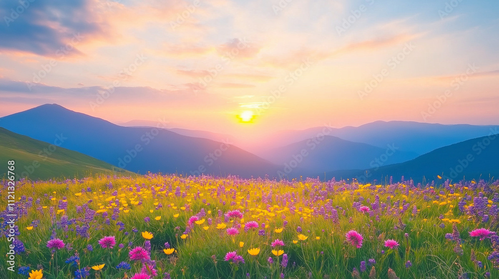 Fototapeta premium Golden Hour Meadow: A breathtaking landscape unfolds at sunrise, with vibrant wildflowers blooming across a rolling meadow. The sun casts a golden glow over the majestic mountains in the distance.