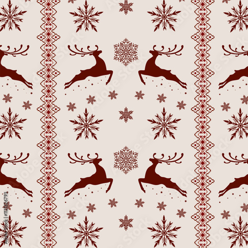 Christmas pattern with deer.Vector seamless vertical pattern with deer, snowflakes and embroidery on a light background.