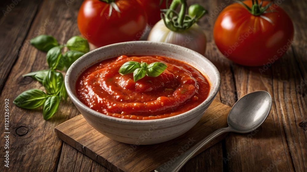 Bowl of fresh tomato sauce on wooden background, close up Bowl of fresh tomato sauce on wooden background, close up