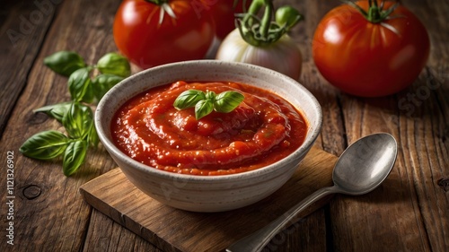 Bowl of fresh tomato sauce on wooden background, close up