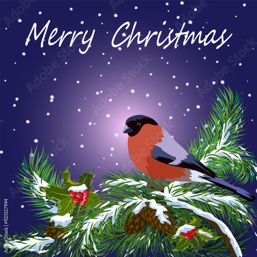 Christmas tree branches and bird.Christmas illustration with a bird on Christmas tree branches and text.