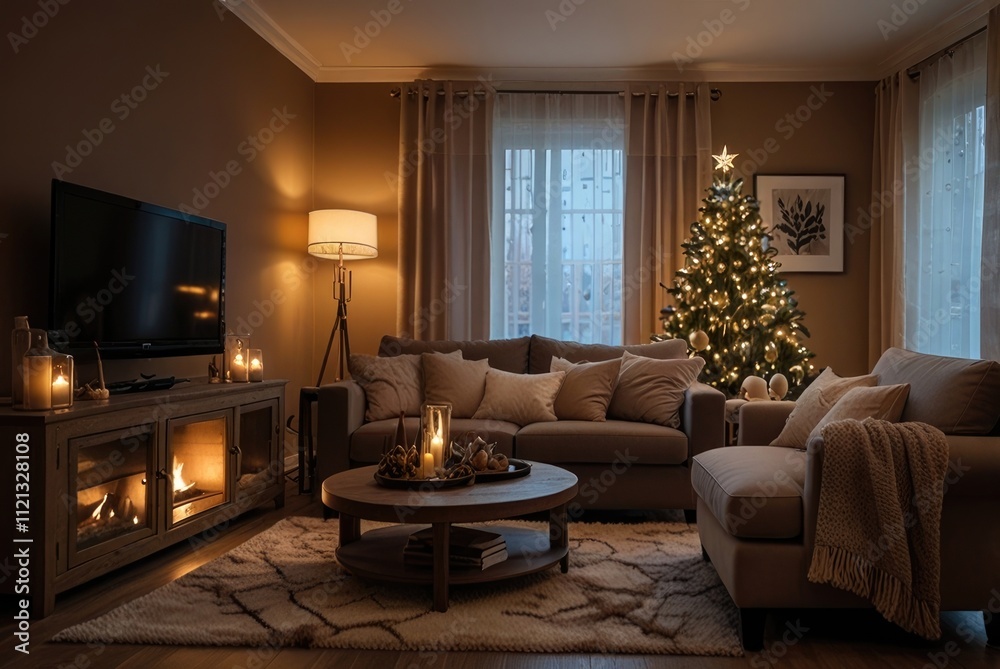 Fototapeta premium Cozy living room decorated for christmas with lit tree and ambient lighting