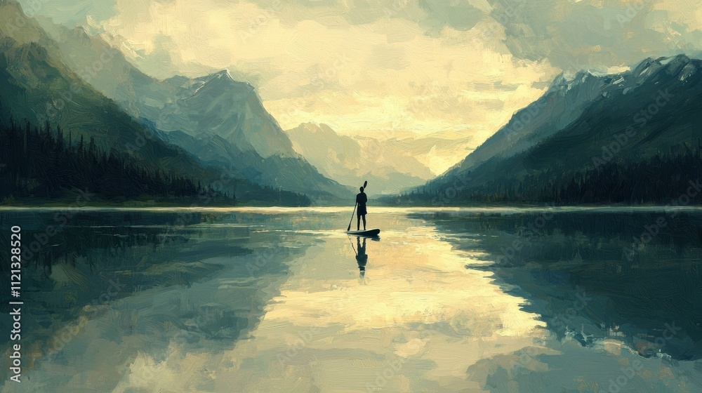 Paddling serenity at a mountain lake nature exploration calm waters scenic view Paddling serenity at a mountain lake nature exploration calm waters scenic view
