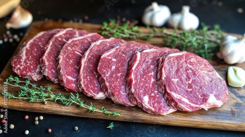 Sliced beef roast with a perfect pink center, arranged on a wooden board with fresh thyme and garlic photo