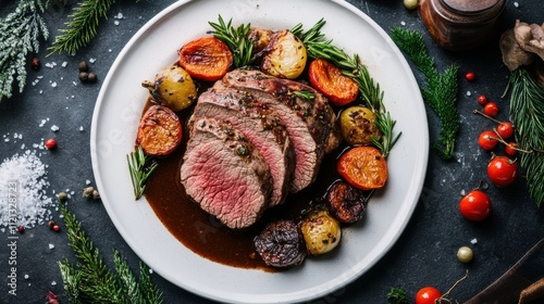 Sliced roast beef tenderloin with a rich brown sauce, served with roasted vegetables on a white plate