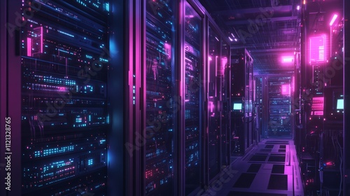 A brightly lit server room with rows of sleek, modern servers, blue and green LED lights flickering on the racks, cables neatly organized and running across the floor