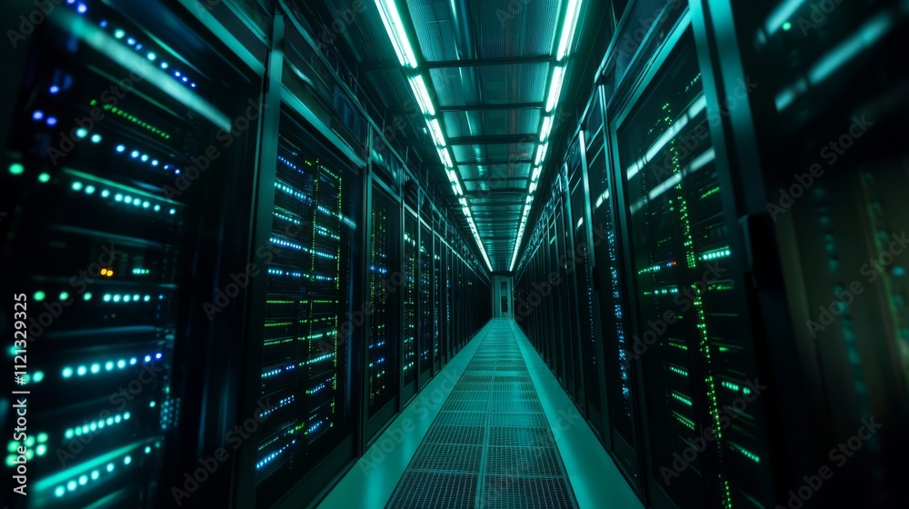 Fototapeta premium A brightly lit server room with rows of sleek, modern servers, blue and green LED lights flickering on the racks, cables neatly organized and running across the floor