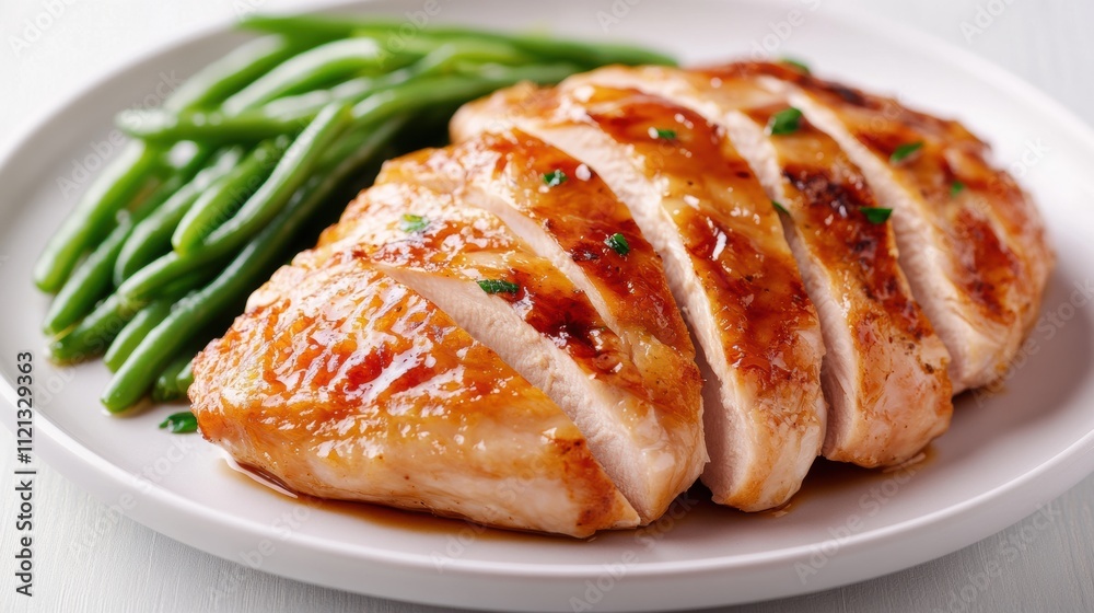 Sliced roast chicken breast with crispy skin on a white plate, paired with steamed green beans