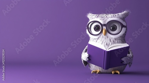 A cute cartoon owl wearing glasses reads a book. photo