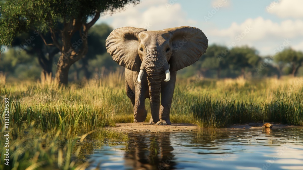 Fototapeta premium Africa, botswana, chobe national park, african elephant (loxodonta africana) stands at edge of water hole in savuti marsh. wildlife. 