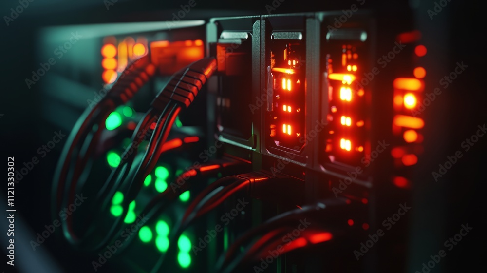Obraz premium A close-up of a fiber optic cable connection in a server room, the cables glowing faintly with transmitted data, the lights of the servers flickering in the background