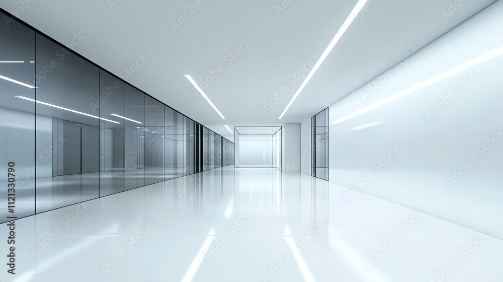 A long, white, and empty hallway with a glossy floor. A long, white, and empty hallway with a glossy floor.