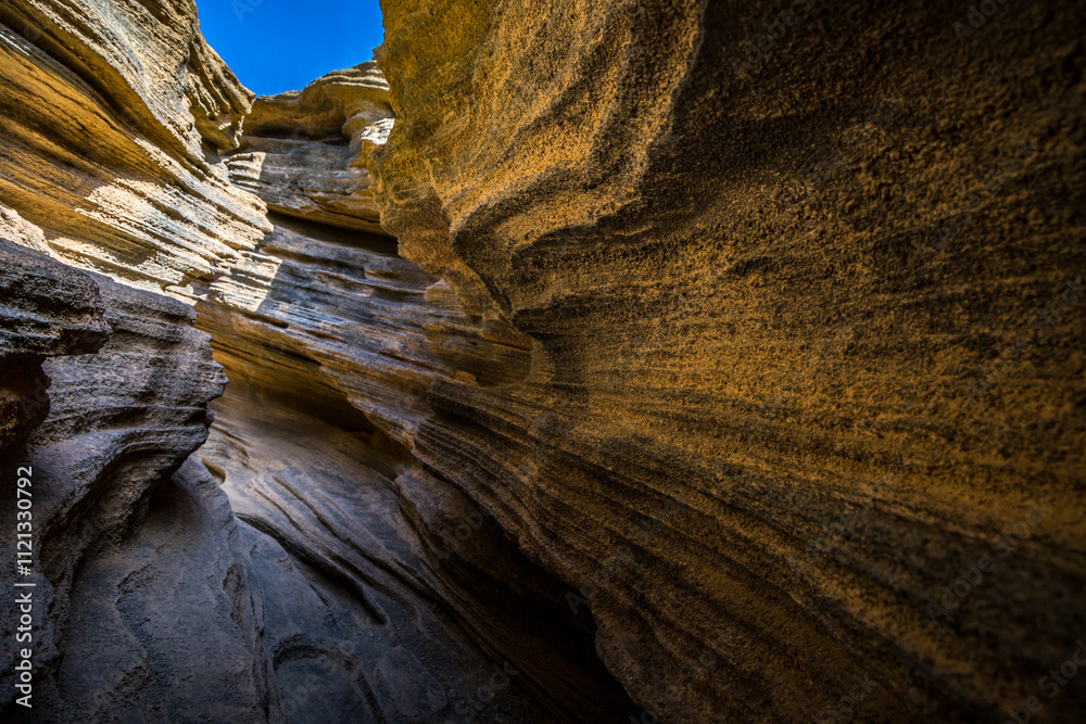 Geological rock formations in canyons around Montana Blanca, Lanzarote, Spain