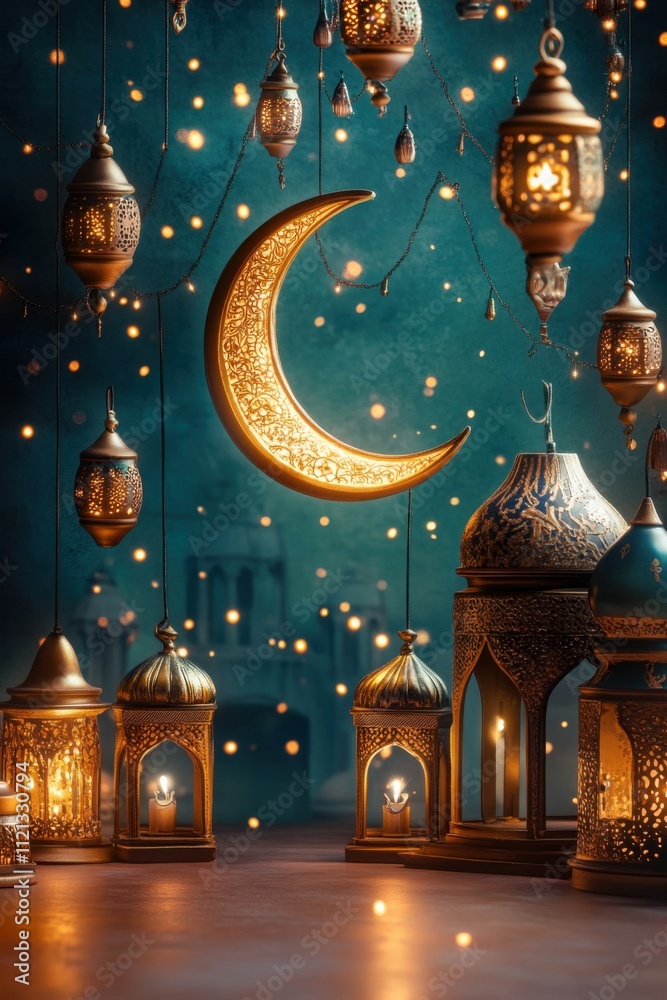 Obraz premium Ethereal Ramadan Night: Illuminated Crescent Moon and Intricate Lanterns