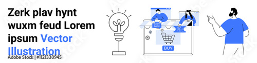 People with laptops navigating an online shopping platform, lightbulb symbolizing ideas, person with pointing gesture. Ideal for e-commerce, technology, online shopping, innovation, business