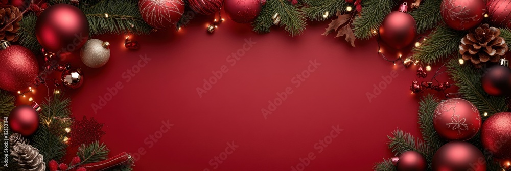 Vibrant Red Christmas Background with Ornaments, Pine Cones, and Greenery for Festive Flat Lay Decor or Seasonal Display Vibrant Red Christmas Background with Ornaments, Pine Cones, and Greenery for Festive Flat Lay Decor or Seasonal Display