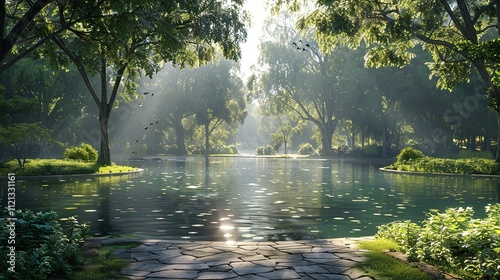 Beautiful colorful summer spring natural landscape with a lake in Park surrounded by green foliage of trees in sunlight and stone path in foreground.