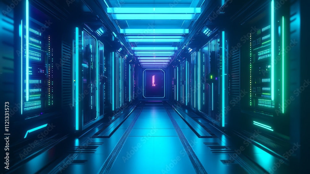 A brightly lit server room with rows of sleek, modern servers, blue and green LED lights flickering on the racks, cables neatly organized and running across the floor A brightly lit server room with rows of sleek, modern servers, blue and green LED lights flickering on the racks, cables neatly organized and running across the floor