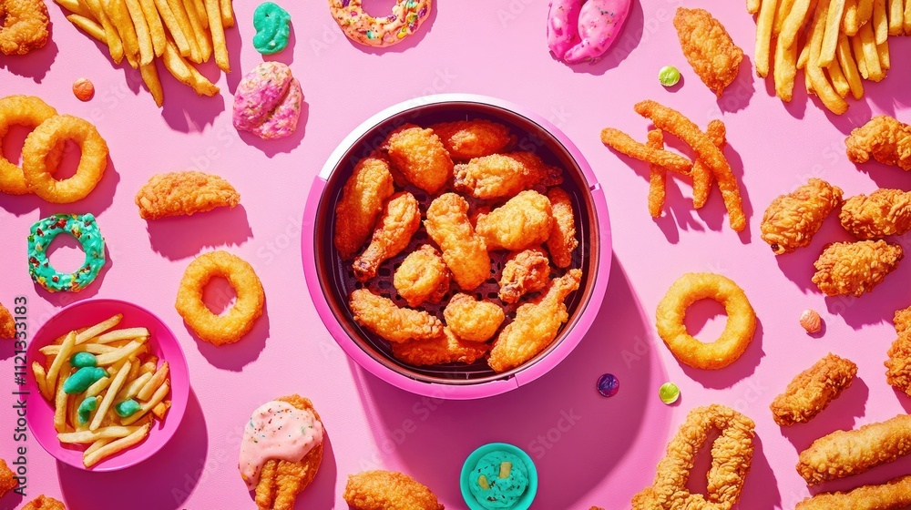 Air fryer with a sleek matte finish, surrounded by an array of vibrant air-fried snacks like fries, wings, and onion rings Air fryer with a sleek matte finish, surrounded by an array of vibrant air-fried snacks like fries, wings, and onion rings