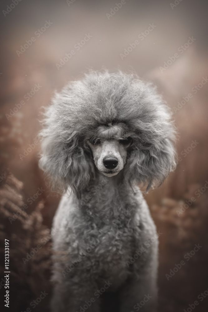 Silver miniature poodle dog posing in dry autumn flowers Silver miniature poodle dog posing in dry autumn flowers